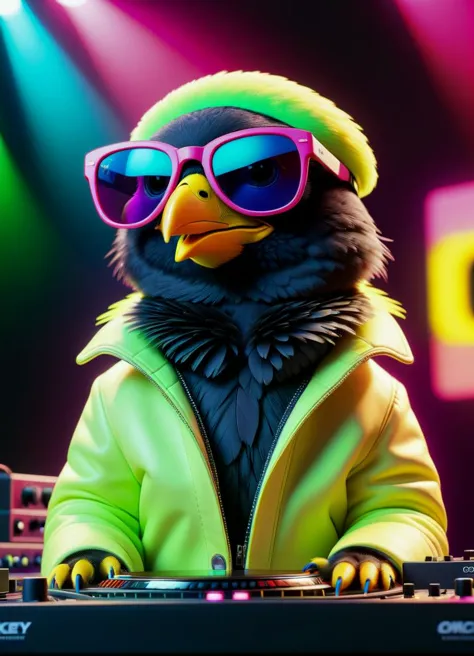 (penguin bird:1.1) wearing douchey sunglasses and a popped collar while DJing on stage, subsurface scattering, Photorealistic, Hyperrealistic, analog style, realistic, film photography, soft lighting, heavy shadow, Ombre color scheme of neon pink, neon blue, neon yellow, neon green,