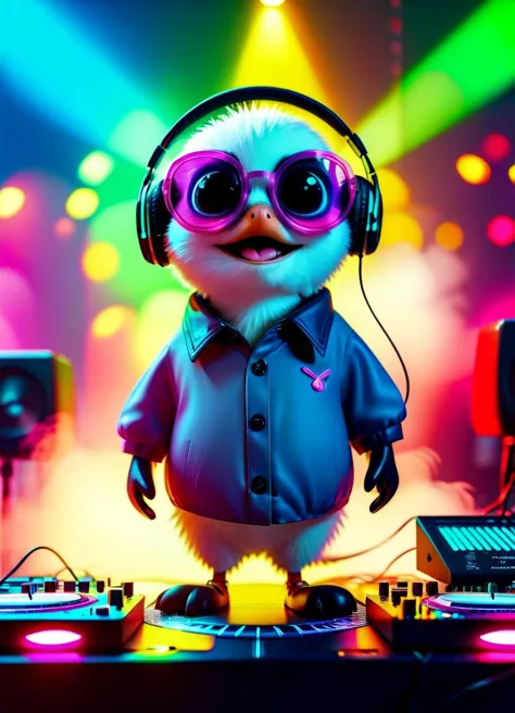(penguin bird:1.1) wearing oversized sunglasses, dress shirt with popped collar, headphones, while DJing on stage
volumetric lig...