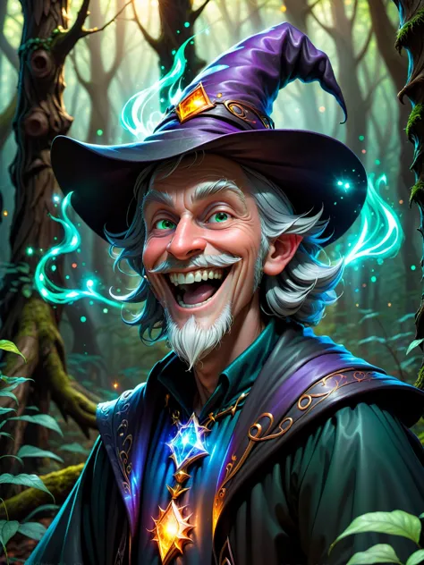 simple background,black background,wizard man in forest,magic,masterpiece,high quality,skin pores,detailed skin,evil laugh,<lora...