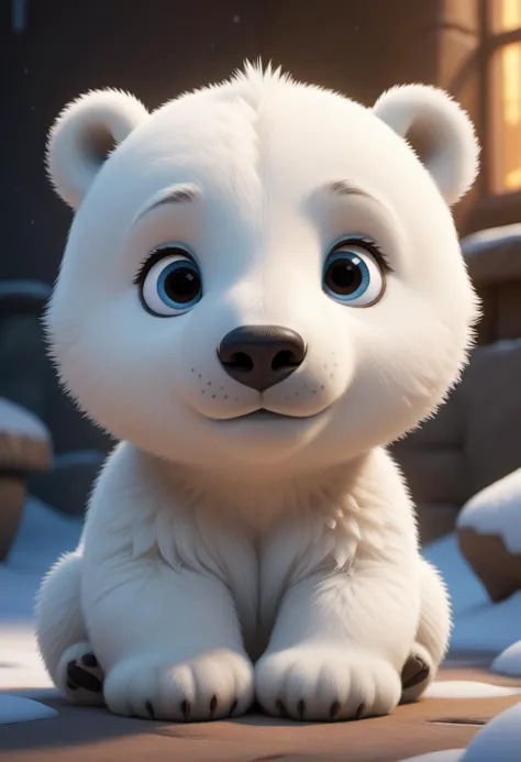 (pixar) desenho animado da disney de um filhote de urso polar fofo, simétrico, Altamente detalhado, 8K, pintura digital, pintura a óleo, ilustração, arte conceitual, foco nitído, iluminação volumétrica, composição épica, sociedade cg, estação de arte