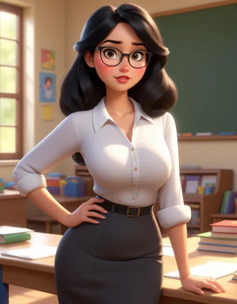 a cartoon girl in glasses standing in front of a desk