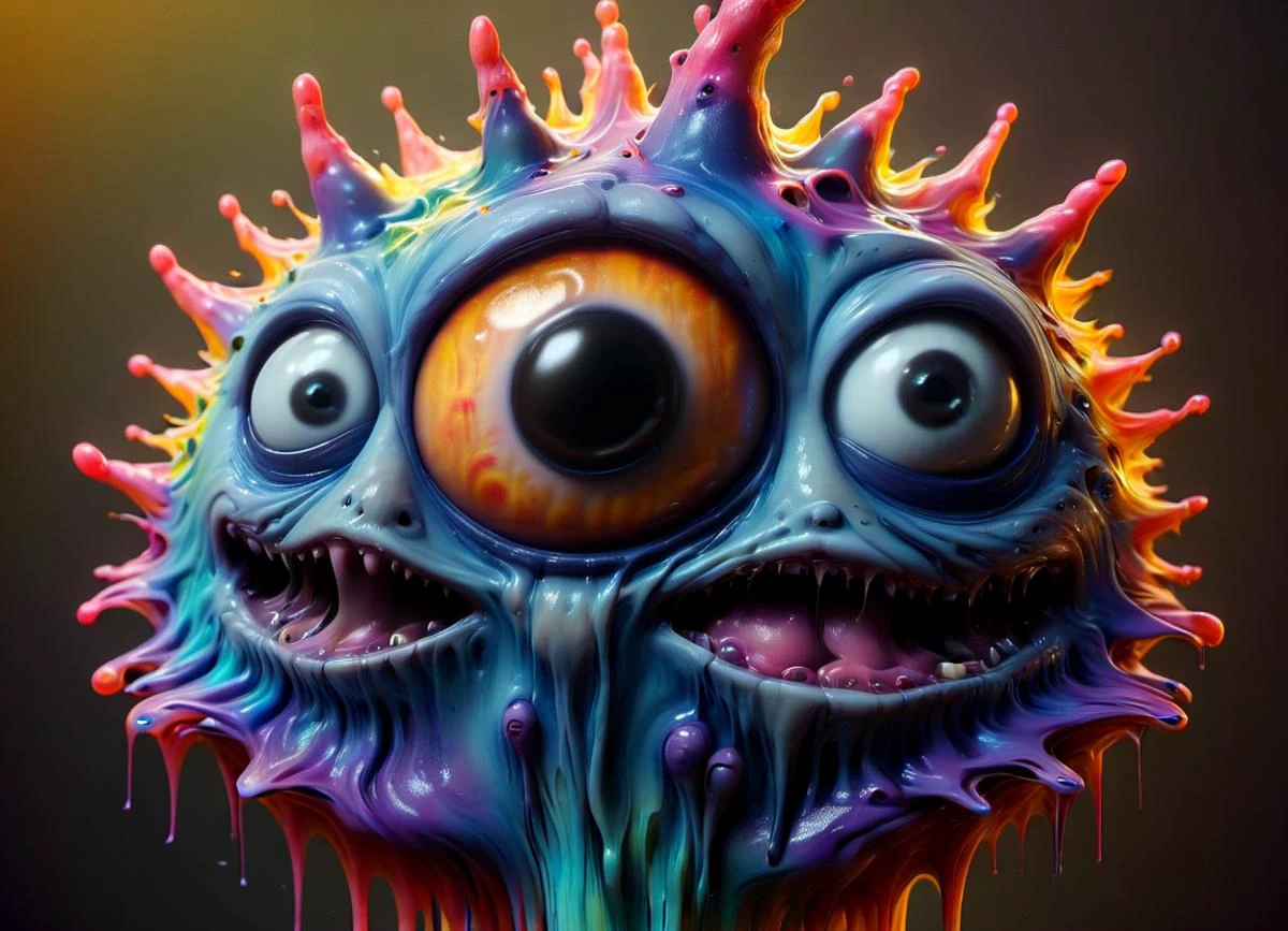 (centered) 3d model of a cute sinister vibrant colored monster with long fur and souless eyes by alexander jansson:1.3 | centered, psychedelic, colorful, matte background:0.9 | by jim henson:0.7 | dave melvin:0.4 | unreal engine, deviantart, artstation, octane, finalrender, concept art, hd, 8k resolution ral-melting big eyes  trypophobia, subsurface scattering, ultra hd, 4k, high def, Photorealistic, Hyperrealistic, Hyper detailed, analog style, realistic, masterpiece, best quality, ultra realistic, 8k, Intricate, High Detail, film photography, soft lighting,  heavy shadow