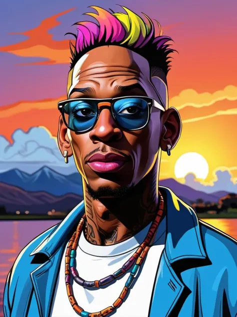 vibrant colorful, ink sketch|vector sketch|2d colors sketch, at nightfall, sharp focus, Dennis Rodman, smirk, highly detailed, sharp focus, the clouds,colorful,ultra sharpness