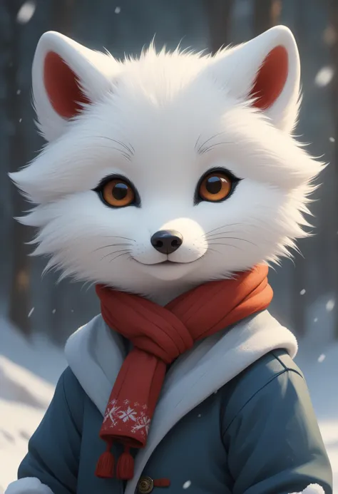 Retrato de uma raposa do ártico bebê fofa, redonda e fofinha com um cachecol na neve, por Ismail Inceoglu, Gazela, james jean, Anton Fadeev e Yoshitaka Amano, arte digital incrivelmente detalhada, tendências no artstation, cores vibrantes, Estilo chibi, Uma obra-prima, adorável amigável adorável