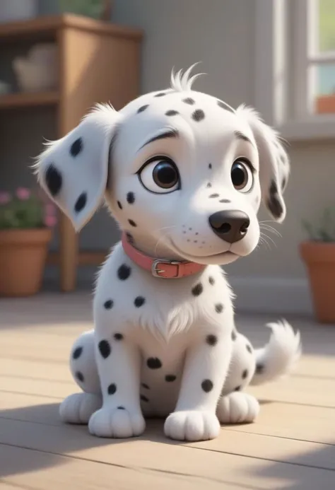 (A lovable character of a fluffy cute baby dalmation with four legs pastel light grey color, little ears), cook,children's book ...