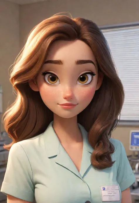 (disney pixar style:1.2) (cute adorable girl:1.15) (adult age 20:1.15)  brunette, hazel eyes, wearing modern medical scrubs, huge breasts, cleavage, hospital nametag, standing in a bright sunny hospital wing  (extreme far shot, full body, zoomed out:1.1)