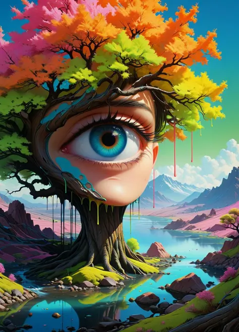 (style artistique de Yoh Nagao, Yanjuncheng) un oeil dans un arbre près de l&#39;eau, dans le style de Brian Despain, peinture qui coule, Des paysages étendus, très détaillé, surRéaliste urban scenes, Mars Ravelo, mati klarwein Palette de couleurs ombrées d&#39;orange fluo, rose néon, bleu néon, jaune fluo, néon vert,, diffusion souterraine, PhotoRéaliste, HyperRéaliste, style analogique, Réaliste, Photographie argentique, éclairage doux, ombre lourde