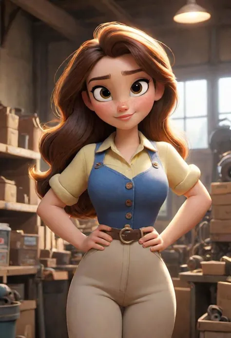 a cartoon character in a factory with a large smile on her face