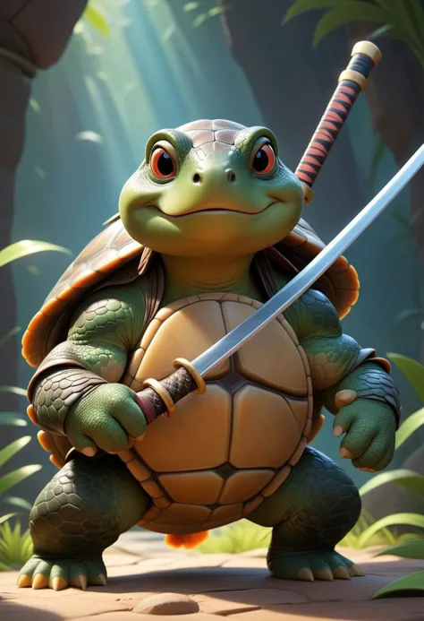 ASCIIRCNZ_SDXL_Style ((pixar)) disney cartoon of (a turtle as a samurai, muscular), symmetrical, chromatic fantasy, highly detailed, 8k, digital painting, oil painting, illustration, concept art, sharp focus, volumetric lighting, epic Composition, cgsociety, artstation