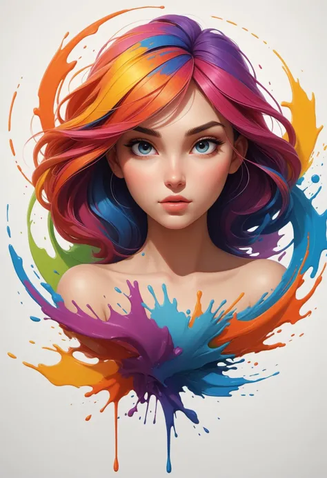 masterpiece, best quality, [(white background:1.5),::5] (circle:0.9), 1girl in dynamic pose, (beautiful detailed colorful splash...