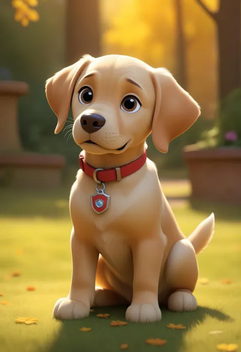 cartoon of a golden labrador, (in the style of pixar, disney and paw patrol) , warm vibrant colours, natural lighting, dappled l...