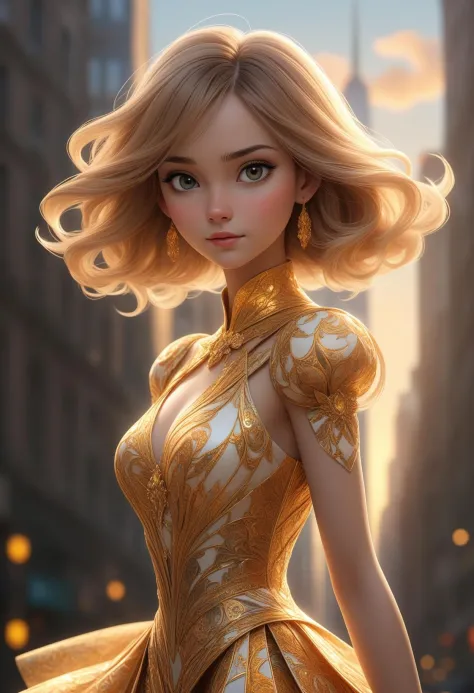 anime, cartoon, 1girl wearing a beautiful dress made of fractals. a fractal universe behind her, golden hour, manhattan.