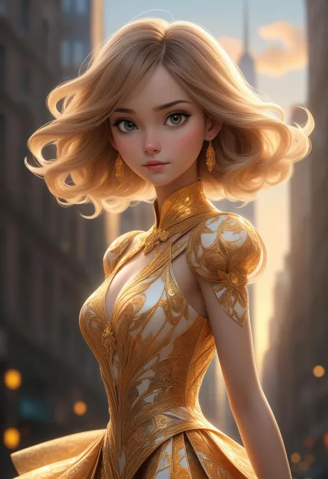 anime, Desenho animado, 1 garota usando um lindo vestido feito de fractais. um universo fractal atrás dela, Hora dourada, Manhattan.