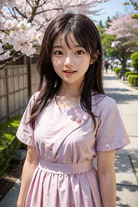 a close up of a woman standing on a sidewalk near a tree