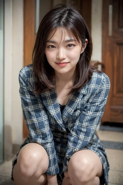 a woman in a plaid shirt and shorts crouching down on a step