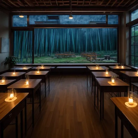 ((best quality)), ((masterpiece)), ((realistic)), (detailed), classroom, candles, bamboo flooring and rhyolite stone, oil lamps,...