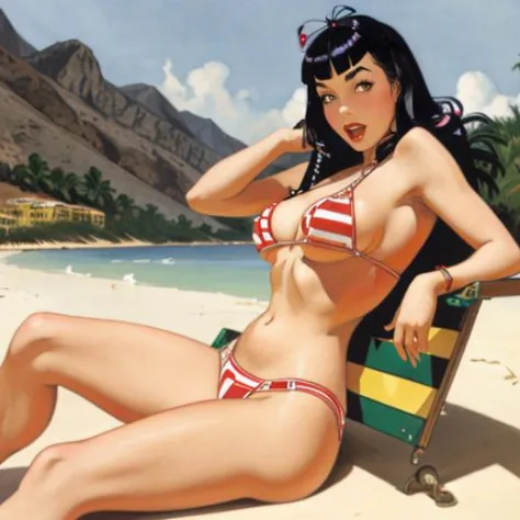 a woman in tiger bikini in a pinup pose on a beach<lora:Bettie_Page_Queen_of_Nile_v1:1> bpcqueenofnile