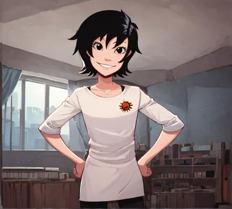 anime character in a white apron standing in a room