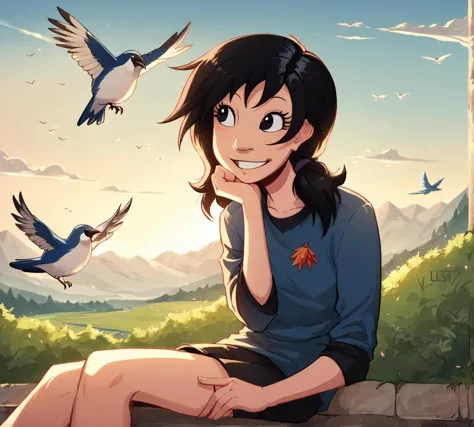 anime girl sitting on a wall with birds flying around her