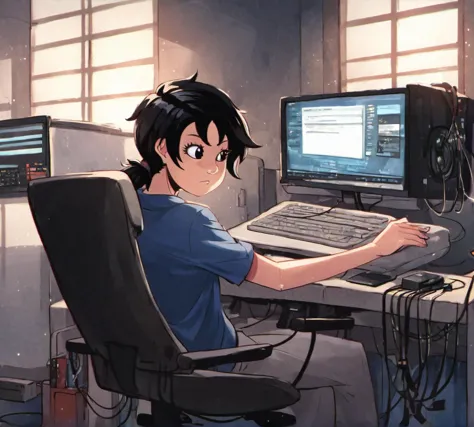 anime boy sitting at a desk with a computer and a monitor