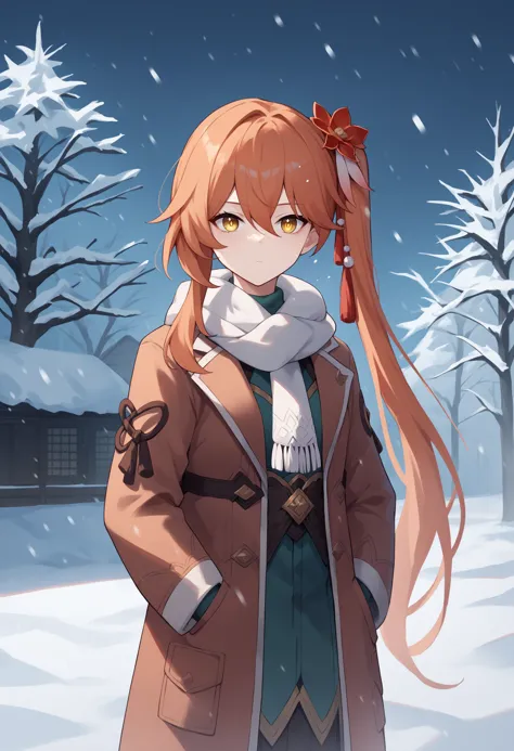 a girl in a coat and scarf standing in the snow