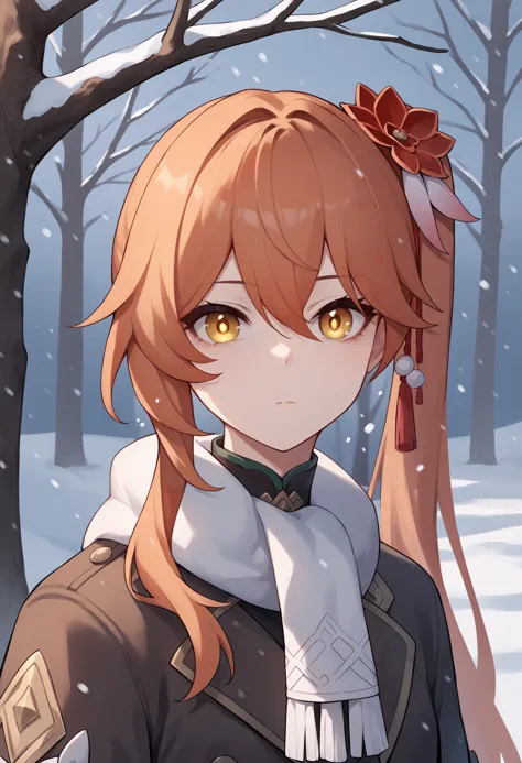 a girl with long hair and a bow in a snowy forest