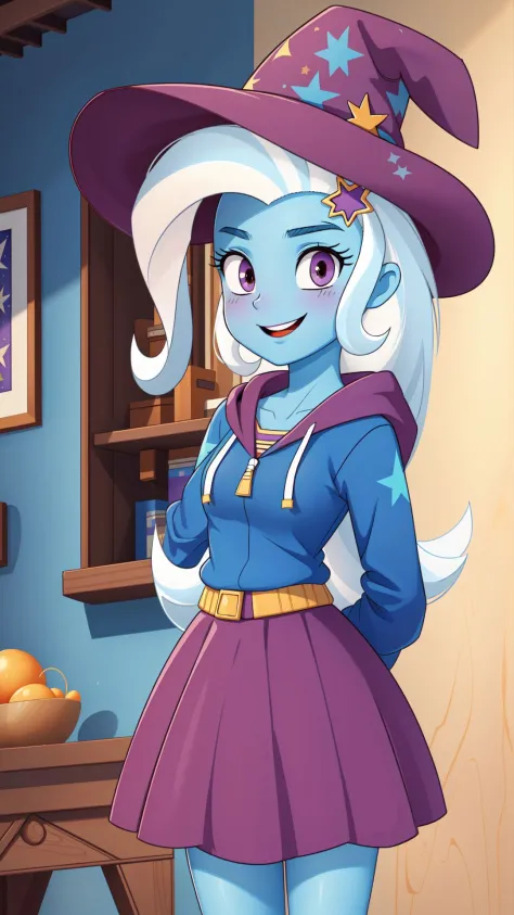 (masterpiece, best quality:1.2),cowboy shot,solo,1girl,mlptrixie,colored skin,blue skin,smile,looking at viewer,arms behind back,star hair ornament,witch hat,blue hoodie,purple skirt,