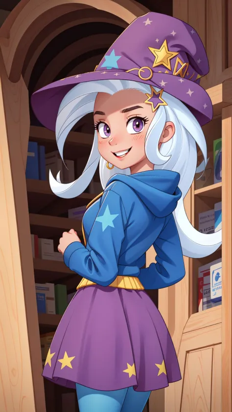 (masterpiece, best quality:1.2),cowboy shot,solo,1girl,mlptrixie,colored skin,blue skin,smile,looking at viewer,arms behind back,star hair ornament,witch hat,blue hoodie,purple skirt,