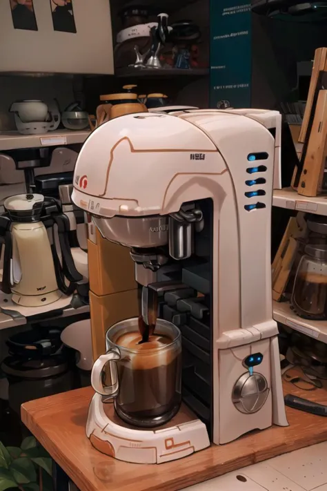 there is a coffee maker that is on a table in a store