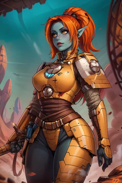 ((masterpiece,best quality)), <lora:Tau_World:0.8>, Tau_World, scifi, 1girl, solo, pointy ears, armor, colored skin, curvy, magic, long hair, jewelry, orange hair, armor, makeup, lipstick, body armor, gauntlets, shoulder armor, cowboy shot, military, desert,