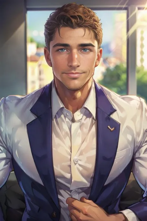 Disney, animation, expressive eyes, perfect face, 
1man, handsome man, looks like Nick Topel, nicktopelkm, formal clothes, happy expression, smirk, POV, from above, 
close up shot, detailed background, cozy bedroom, depth of field, daytime, sunshine, 
 <lora:NickTopelKM:0.8>, <lora:hand_on_anothers_head_v0.1:1>