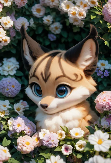 there is a cat that is sitting in some flowers