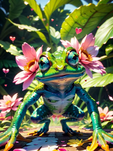 a close up of a frog with flowers on its head