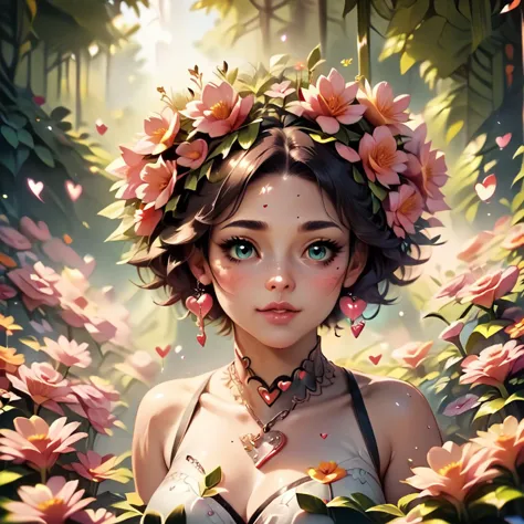 a woman with a flower crown on her head in a garden