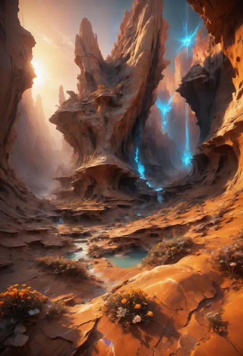 alien landscape, Echoing canyons carved by cosmic forces, Dazzling sandstone formations glowing at sunset , alien flora, dense l...