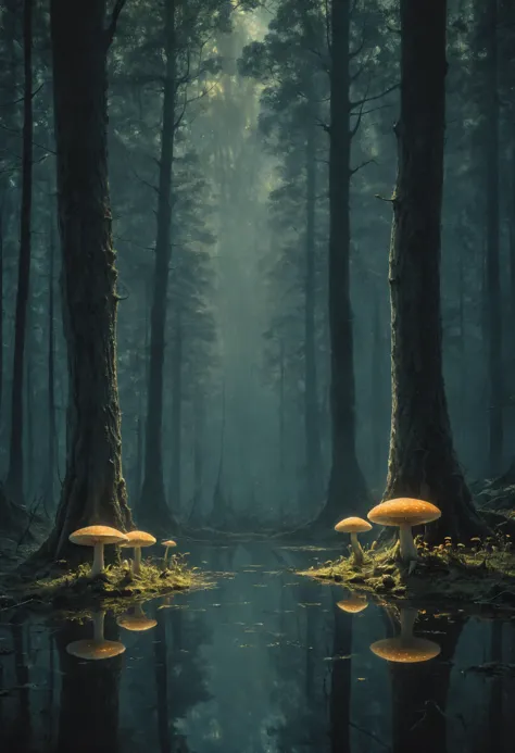 a forest with a pond and mushrooms in the middle of it