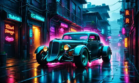 Photoréaliste, illustration numérique détaillée d&#39;un rat rod cyberpunkai dans des ruelles trempées de pluie avec un éclairage intense au néon scintillant, 