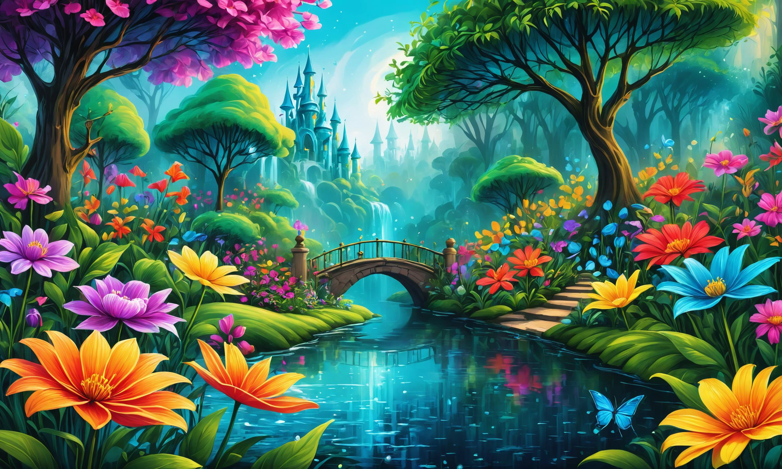 마법의 꽃이 만발한 마법에 걸린 정원의 아름답고 상세한 디지털 일러스트레이션 생생한 페인트의 화려한 스플래시, 