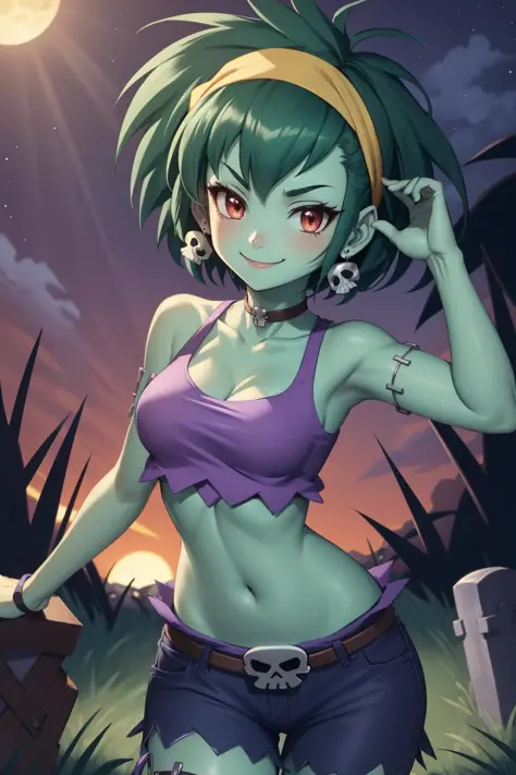 masterpiece, best quality, rottytops, hairband, skull earrings, purple crop top, belt, short shorts, upper body, looking at viewer, furrowed brow, smug, smile, night, graveyard 