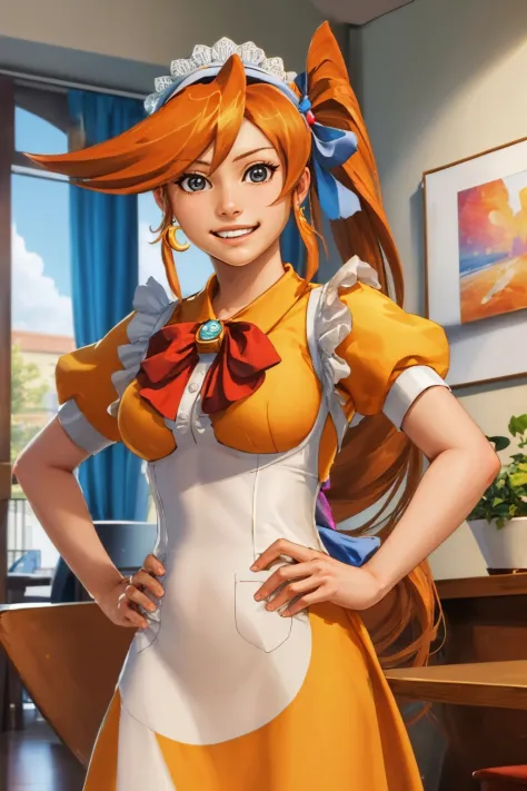 (masterpiece, best quality:1.2), solo, 1girl, athena cykes, grin, looking at viewer, hands on hips, side ponytail, hair ribbon, ...