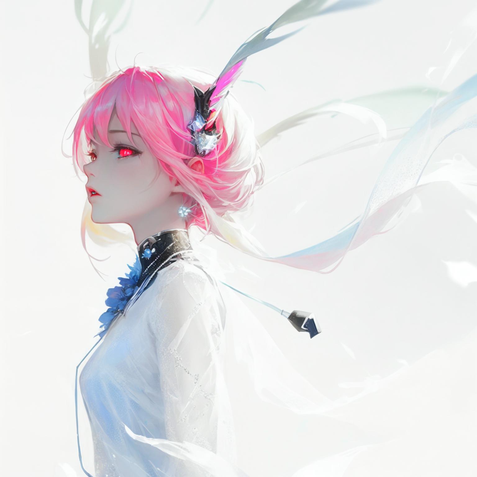 Anime girl with pink hair and blue eyes and a white shirt - SeaArt AI