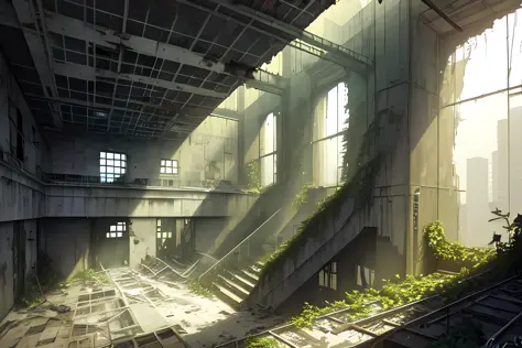 abandoned  broken window  concrete  day  dilapidated  escalator  flood  hole  indoors  no humans  overgrown  plant  postapocalypse  railing  ruins  scenery  sign  signature  stairs  stone stairs  sunlight  water