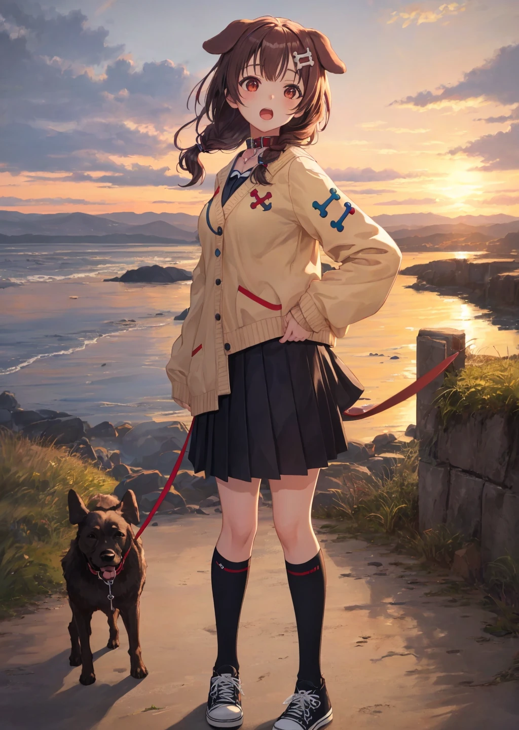 virtual youtuber, solo, 1girl, inugami korone, open mouth, standing, dog ears, cardigan, pleated skirt, kneehighs, converse shoes, leash, landscape, best quality, perfect anatomy, highres, absurdres, extremely detailed CG unity 8k wallpaper, 
