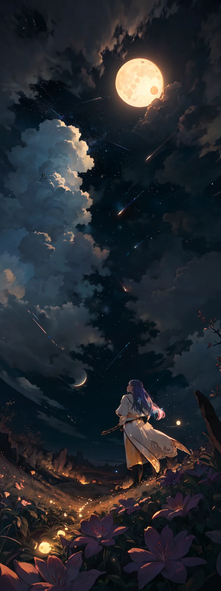 expansive landscape photograph , (a view from below that shows sky above and open field below), a girl standing on flower field looking up, (full moon:1.2), ( shooting stars:0.9), (nebula:1.3), distant mountain, tree BREAK
production art, (warm light source:1.2), (Firefly:1.2), lamp, lot of purple and orange, intricate details, volumetric lighting BREAK
(masterpiece:1.2), (best quality), 4k, ultra-detailed, (dynamic composition:1.4), highly detailed, colorful details,( iridescent colors:1.2), (glowing lighting, atmospheric lighting), dreamy, magical, (solo:1.2)