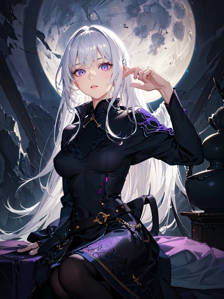 highres, highest quallity, illustration, cinematic light, ultra detailed, detailed face, (detailed eyes), best quality, hyper detailed, masterpiece, (detailed face),1girl, girl, white hair, purple eyes, highest details, luminous eyes, medium breats, sitting in bed, sitting, bed, window, night sky, lake outside, moon, full moon, backlighting, light rays, (high contrast), (colorful),