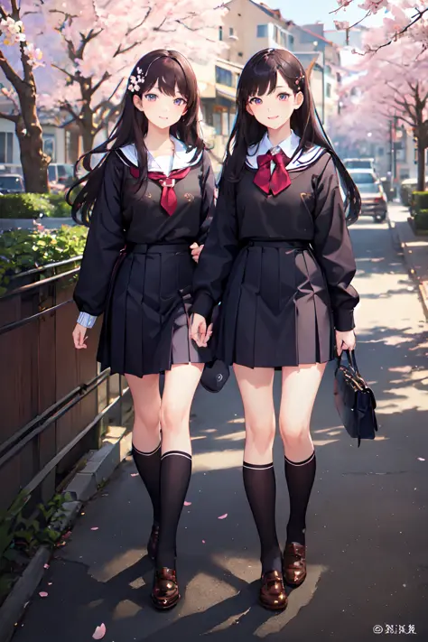 (masterpiece, finely detailed beautiful eyes: 1.2), ultra-detailed, illustration, 2girls, detailed background, school uniform, kneehighs, after school, walking in the street, shoulder bag, smile, cherry blossom, early spring, full body portrait