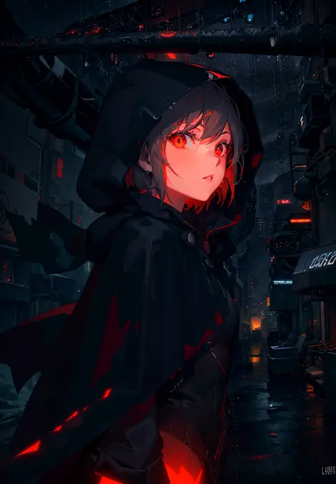 (Ultrarealistic:1.3),<lora:epiNoiseoffset_v2:1>, (grainy:0.8), natural lighting, futuristic city, (raining:1.3), (dark:1.3), (fog:1.2), red lights, orange lights, blue lights AND girl, cape with hood, light logo, [cyberpunk clothing:torn fabric:0.35], red lights, orange lights, menacing, sharp,(Cold Colors:0.75)