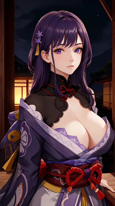 best quality, masterpiece,highly detailed,semi-realistic,1girl,upper body,raiden shogun,(ulzzang-6500-v1.1:0.5),large breasts,perfect face,glowing eyes,long hair,purple hair,hair ornament,night sky,ancient building in background,depth of field,looking at v...