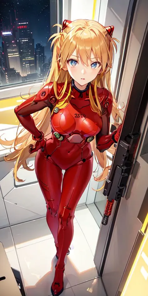 (Overhead view),dynamic angle,ultra-detailed, illustration, close-up, straight on, 1girl, 
 ((<lora:AsukaV1-000016:0.8>, souryuu asuka langley, interface headset, red bodysuit:1.4, blonde)),Her eyes shone like dreamy stars,(glowing eyes:1.233),(beautiful a...