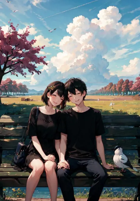 (masterpiece:1.3), best quality, official art, 1girl, 1boy, (cute:1.3), sitting on a park bench, (holding hands), smiling, blush...